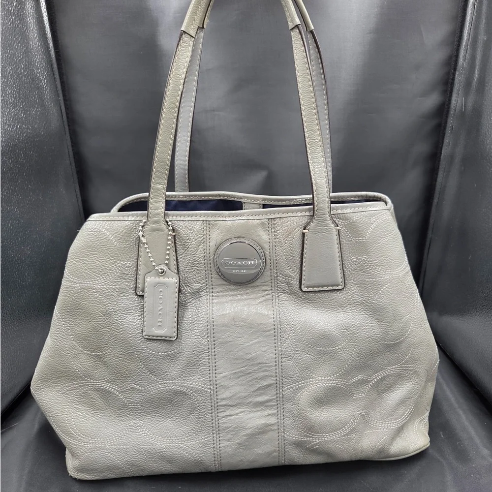 Coach Signature Gray Leather Kisslock Tote Bag